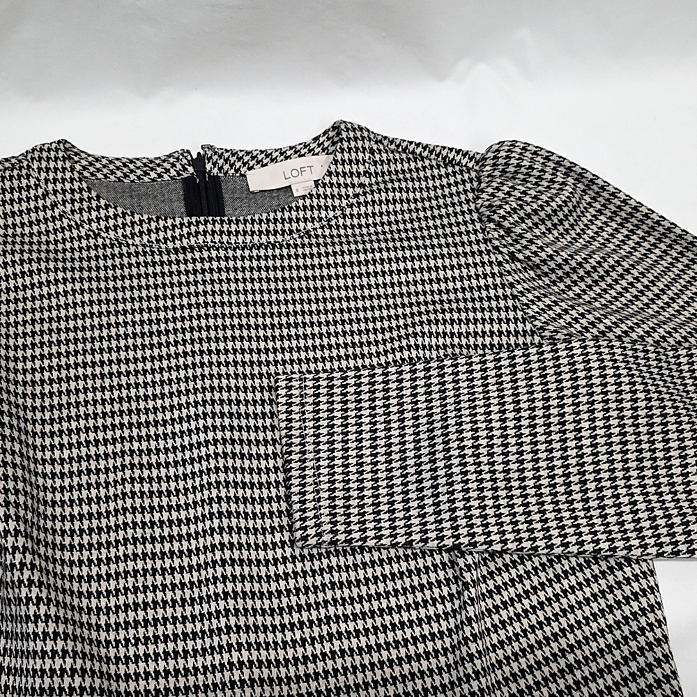 LOFT Dress Womens 8 Black White Houndstooth Ruffle Hem Long Sleeve Puff Shoulder